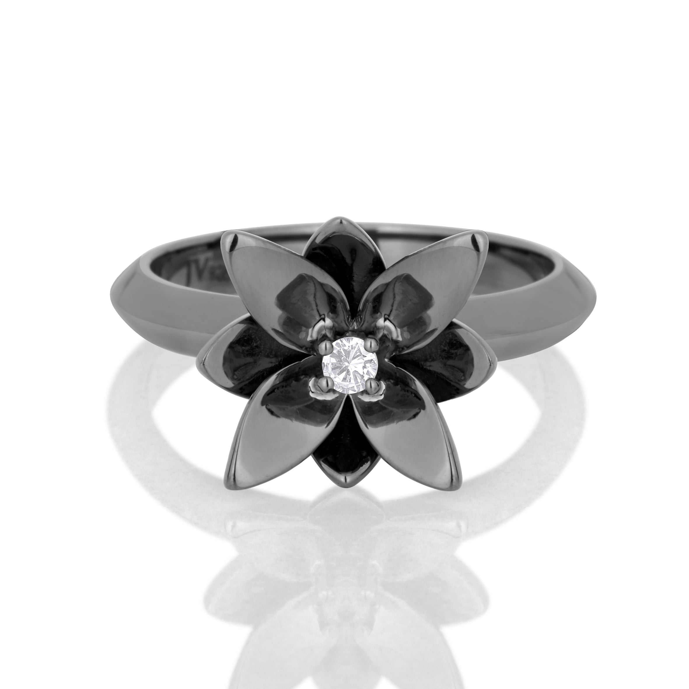 BLOSSOM MINI RING IN BLACK RHODIUM PLATED SILVER WITH COLORLESS SAPPHIRE