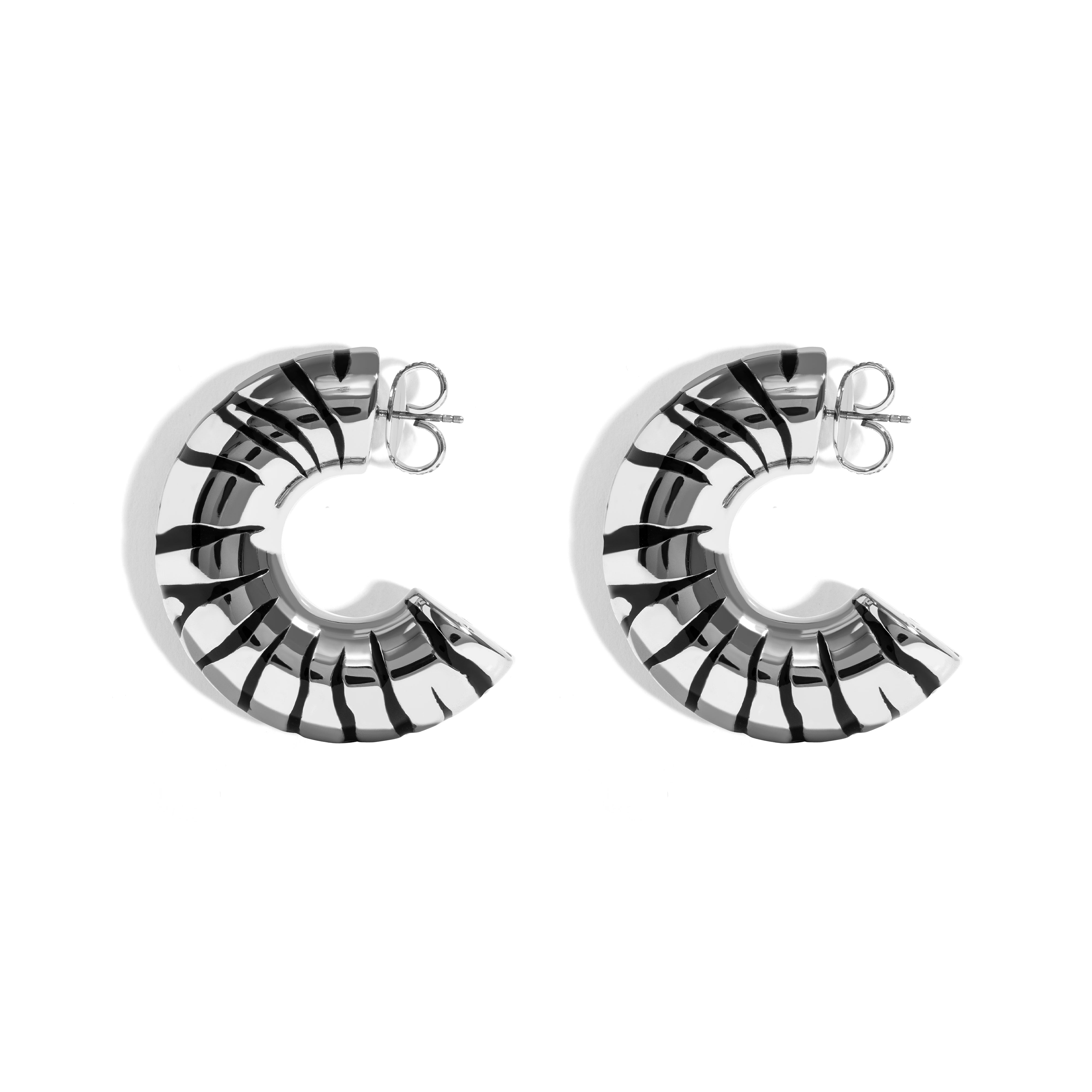 ZEBRA HOOP EARRING | 18K WHITE GOLD PLATED SILVER WITH BLACK ENAMEL DETAILS