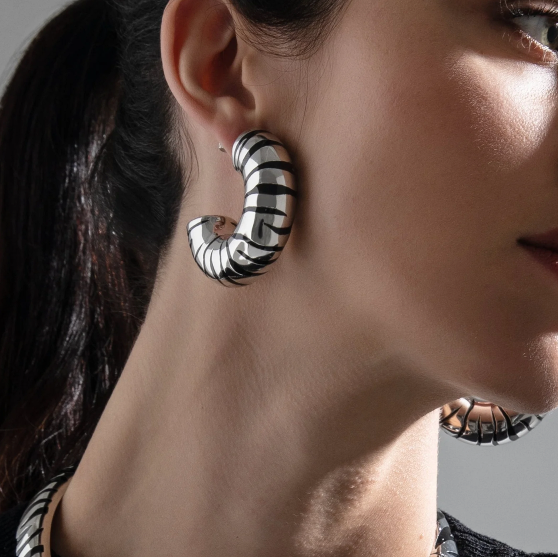 ZEBRA HOOP EARRING | 18K WHITE GOLD PLATED SILVER WITH BLACK ENAMEL DETAILS