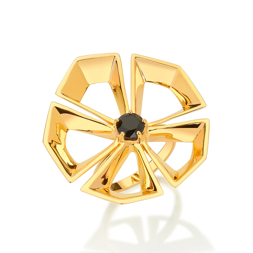 ROCK FLOWER IN 18K YELLOW GOLD PLATED SILVER WITH BLACK AGATHE