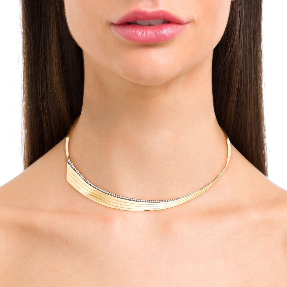 DECO NECKLACE IN 18K YELLOW GOLD WITH BLACK RHODIUM AND LIGHT BROWN DIAMOND