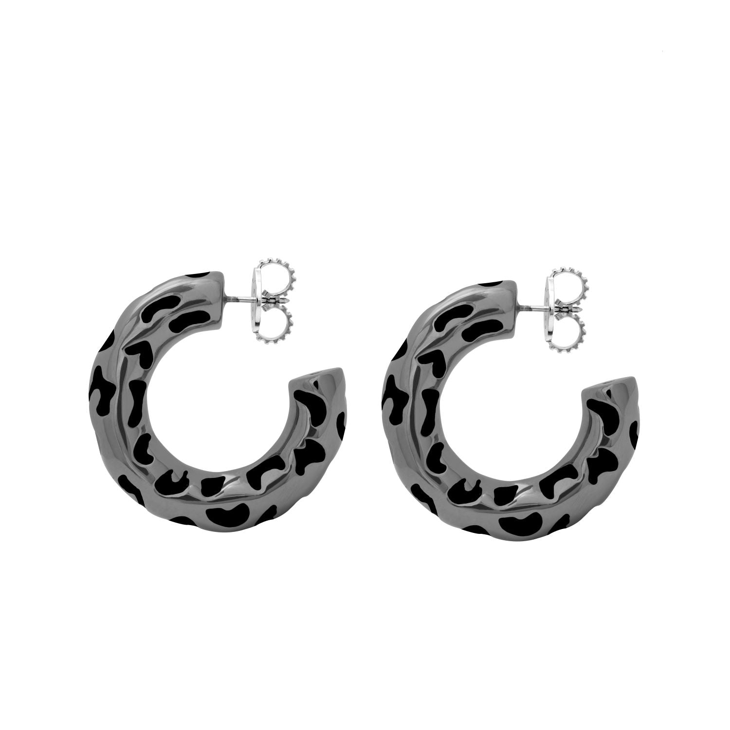 SMALL BLACK LEOPARDO HOOP IN BLACK RHODIUM PLATED SILVER WITH ENAMEL DETAILS