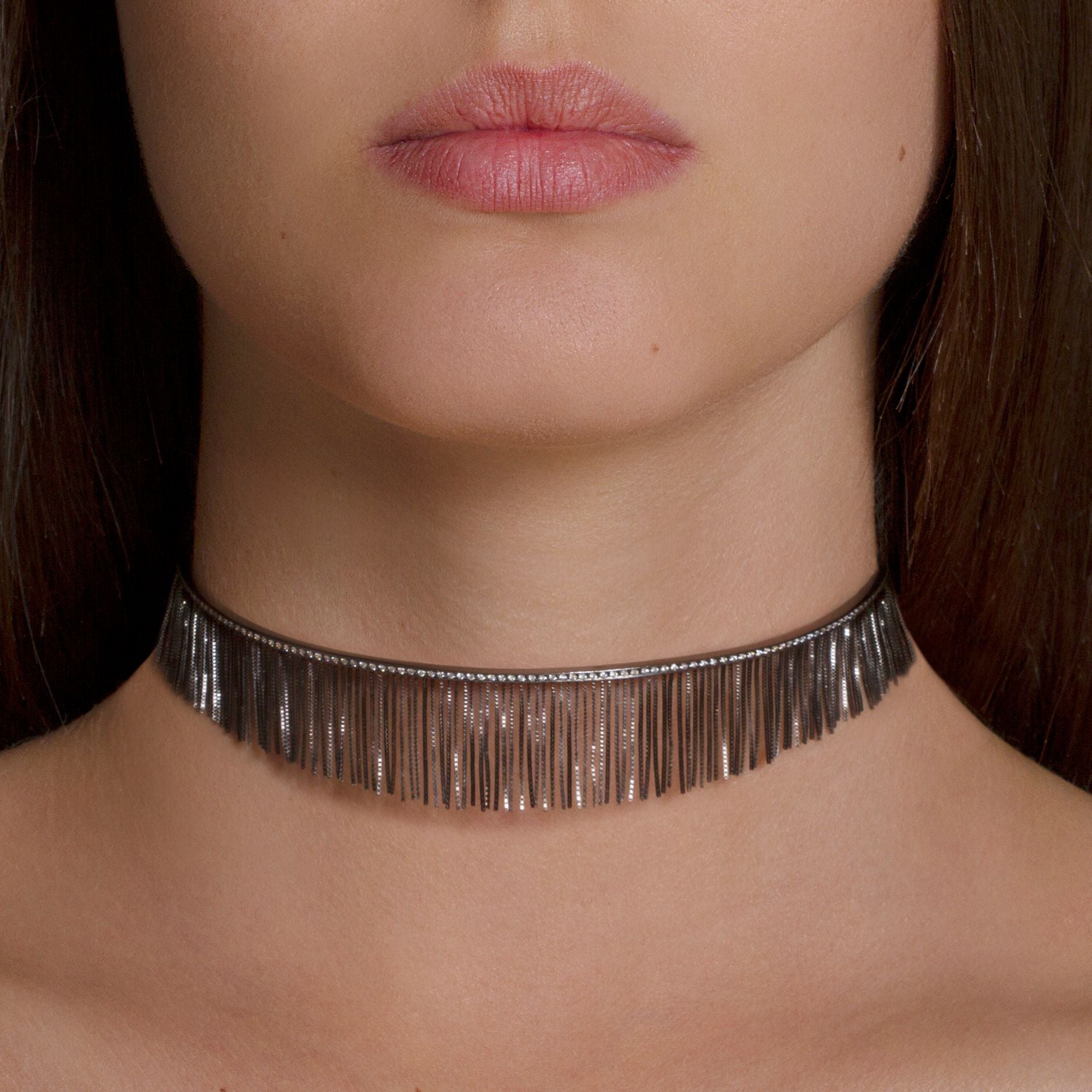 LOVE NY FRINGE CHOKER IN BLACK RHODIUM PLATED 18K WHITE GOLD WITH DIAMOND