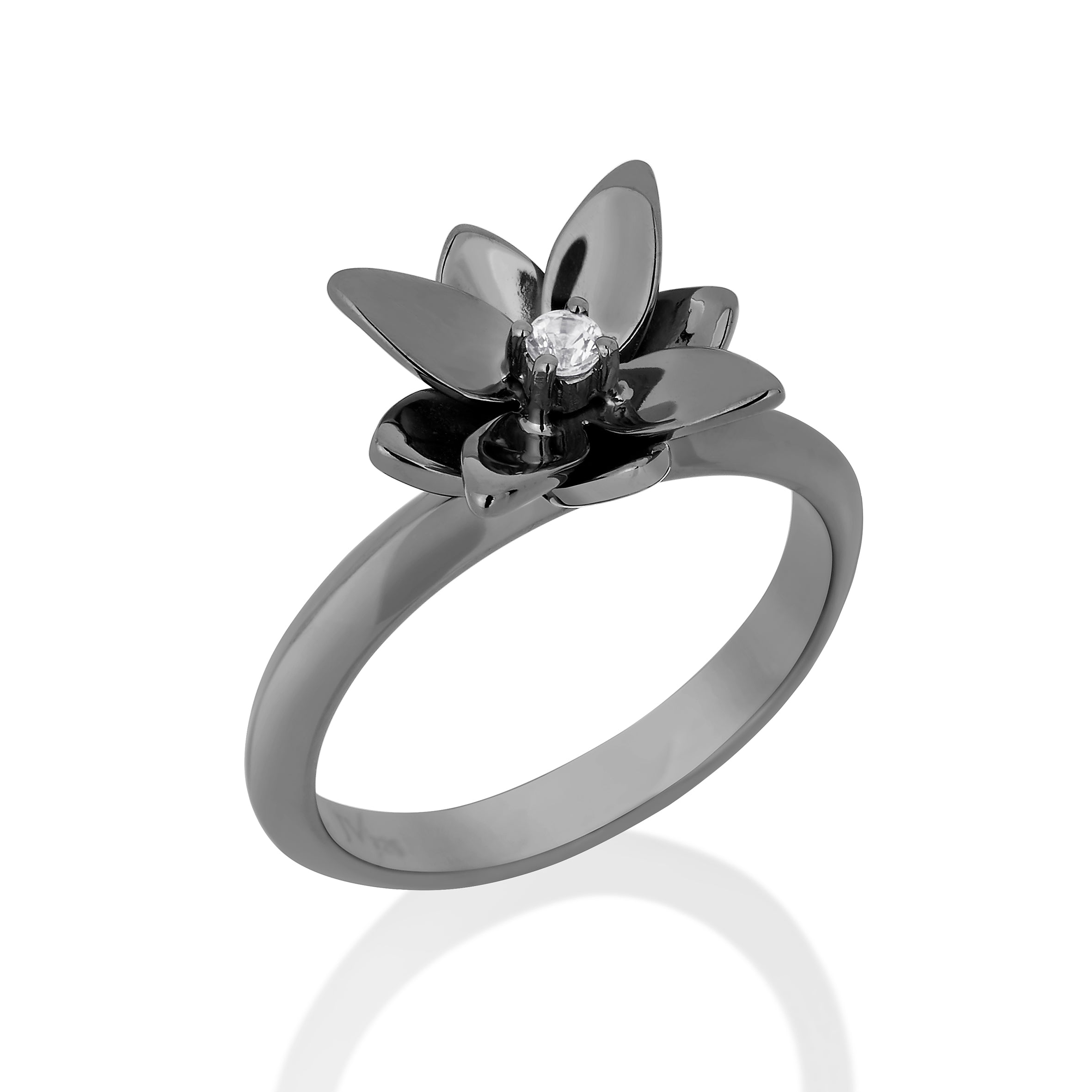 BLOSSOM MINI RING IN BLACK RHODIUM PLATED SILVER WITH COLORLESS SAPPHIRE