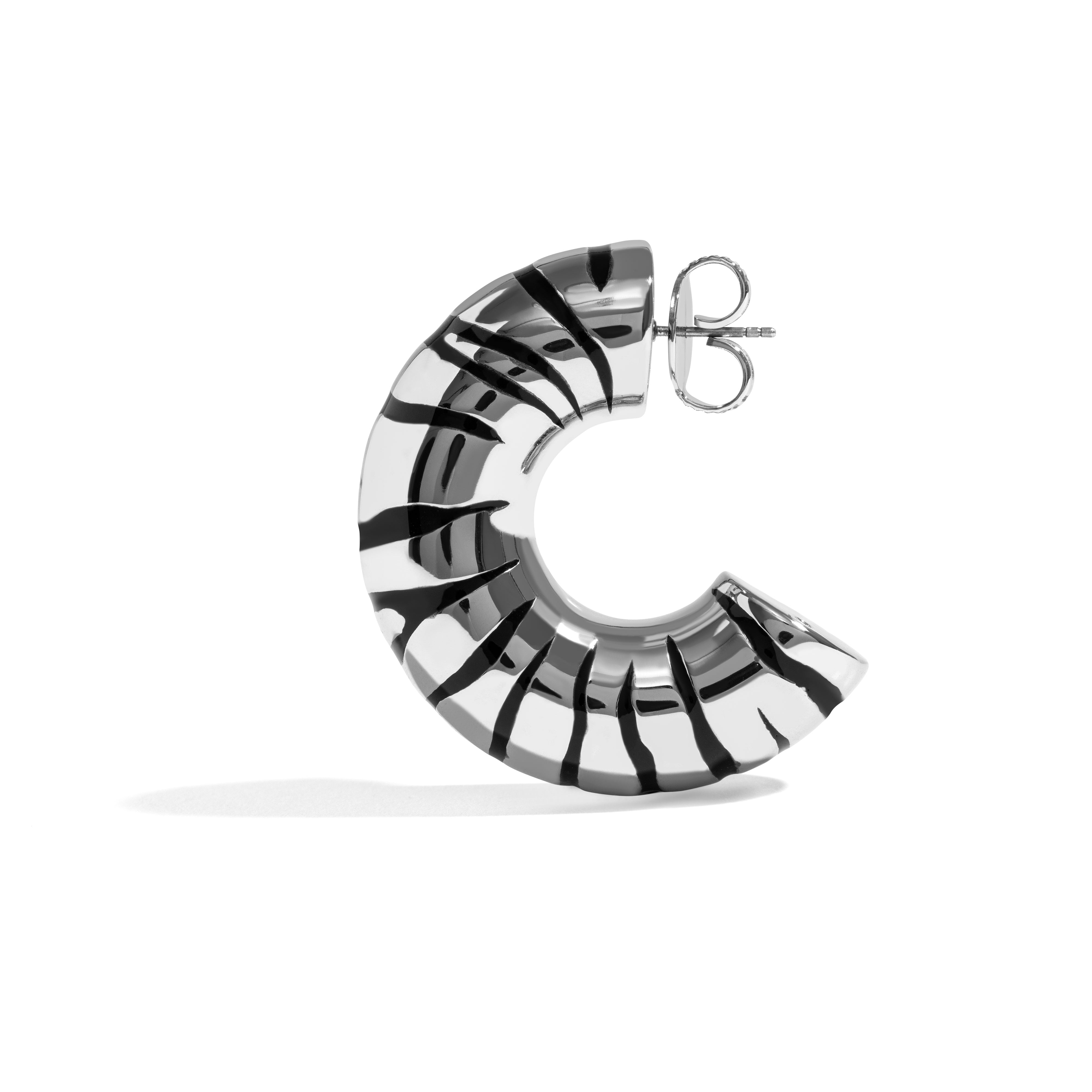 ZEBRA HOOP EARRING | 18K WHITE GOLD PLATED SILVER WITH BLACK ENAMEL DETAILS