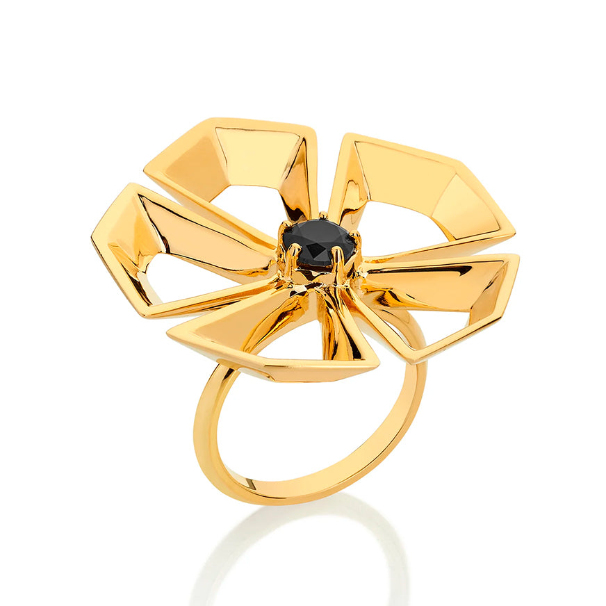 ROCK FLOWER IN 18K YELLOW GOLD PLATED SILVER WITH BLACK AGATHE