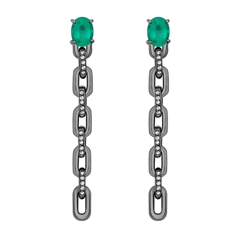 CHAIN LOVERS EARRING IN BLACK RHODIUM PLATED 18K WHITE GOLD WITH EMERALD AND DIAMOND