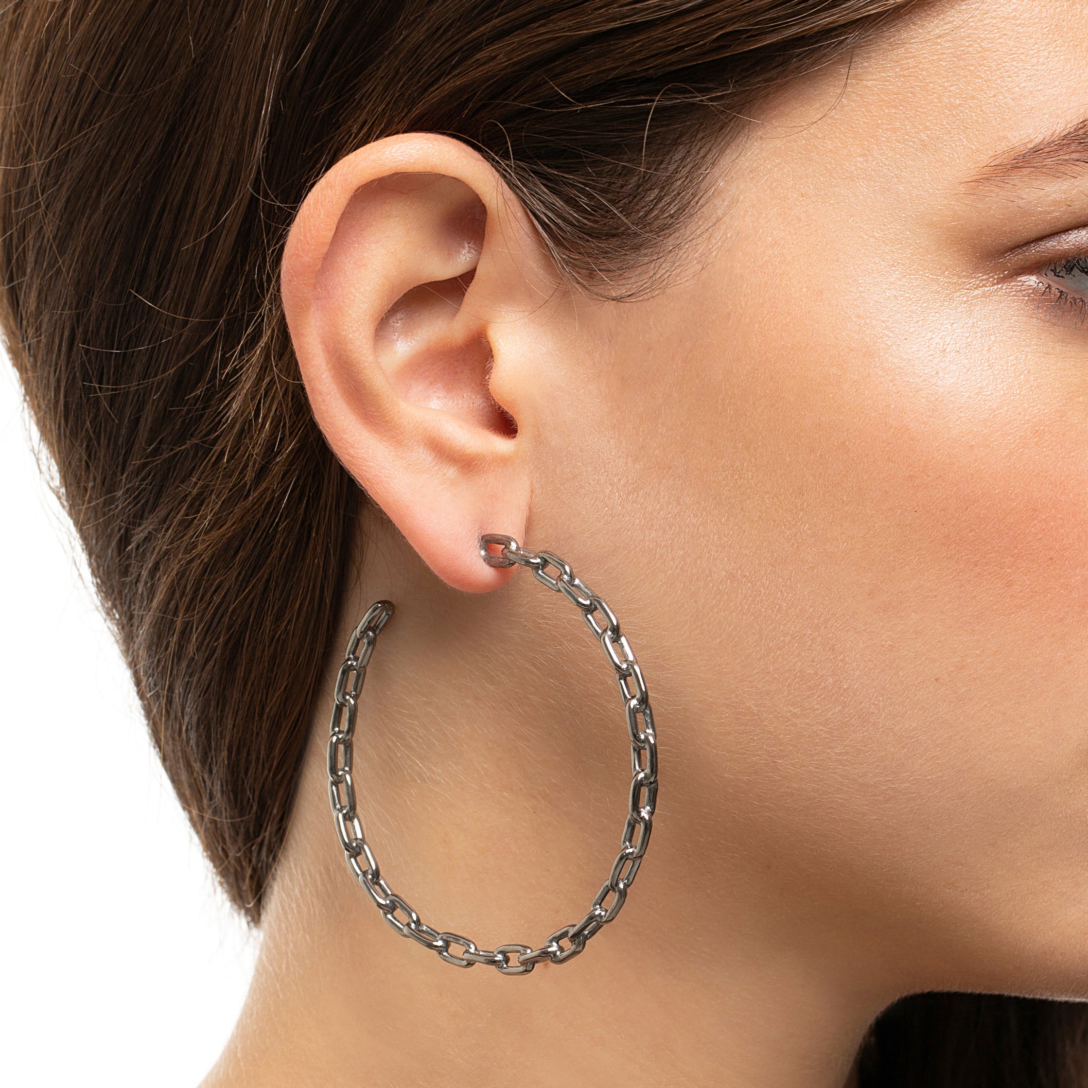 LARGE CHAIN HOOP EARRING IN BLACK RHODIUM PLATED SILVER