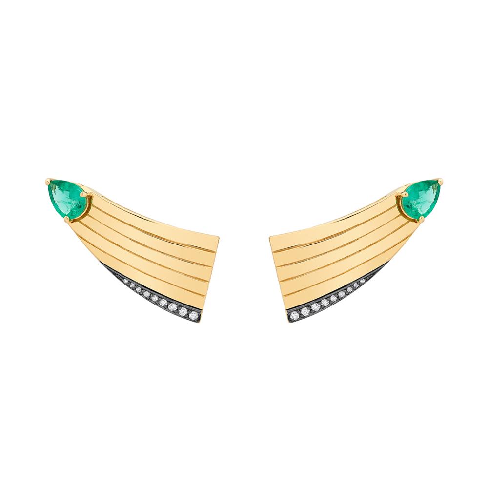 Eden Comet Earrings With 18K Yellow Gold With Black Rhodium, Emerald And Light Light Brown Diamonds