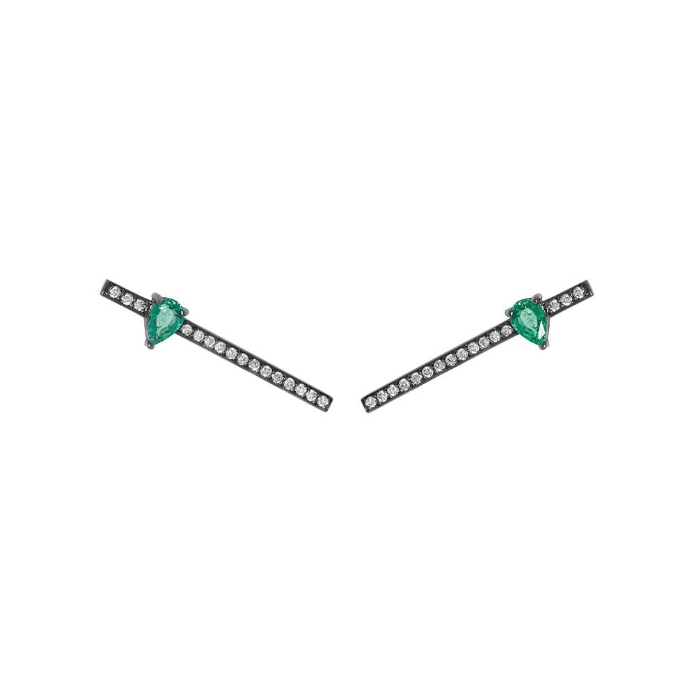 Line Drops Earrings With 18K White Gold With Black Rhodium, Emerald 0,70Ct And Light Light Brown Diamonds 0,35Ct