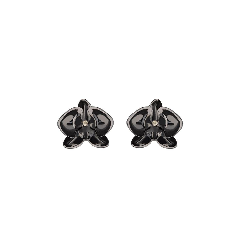 Mini Black Orchid Earring With Silver With Black Rhodium And Diamond